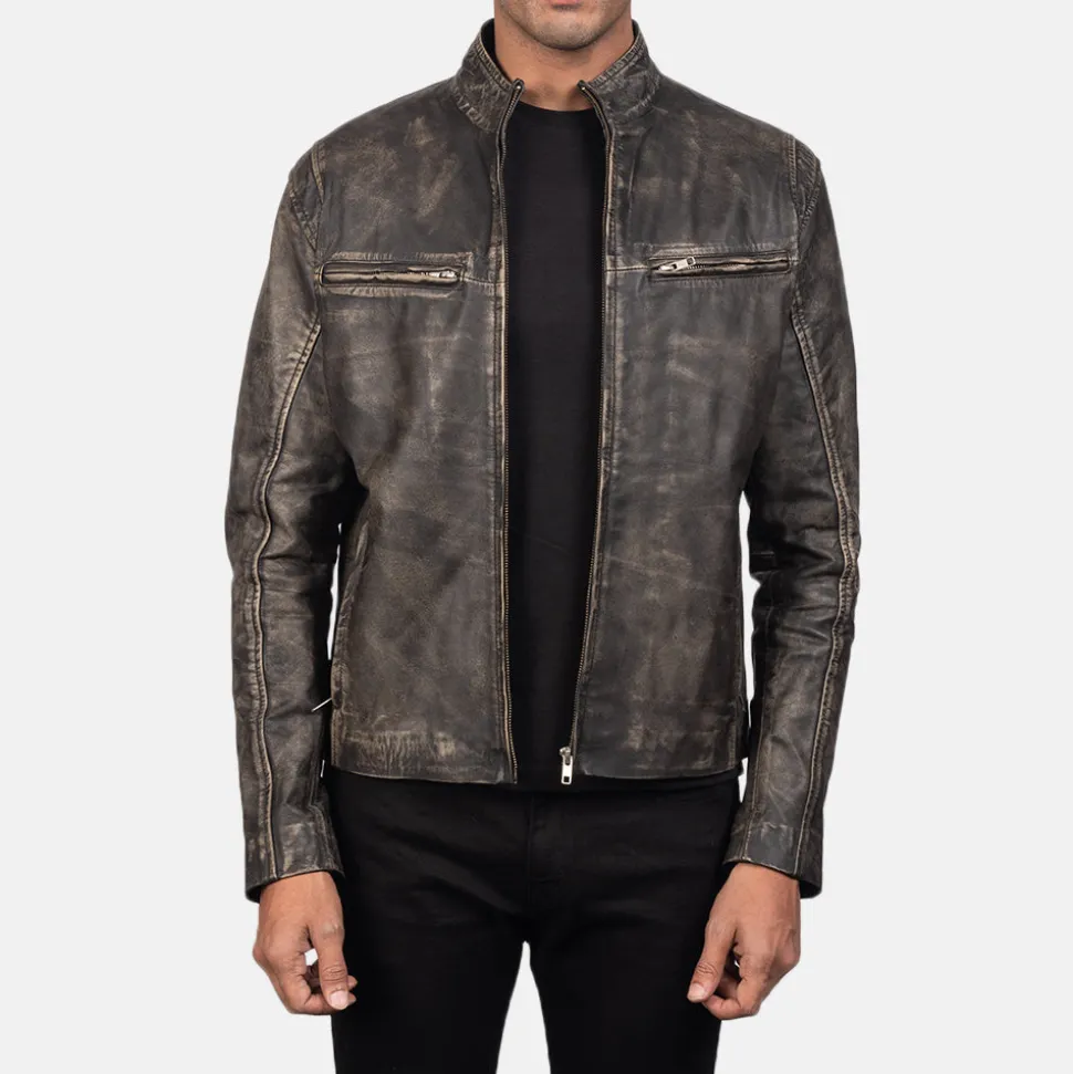 Ionic Distressed Brown Leather Biker Jacket