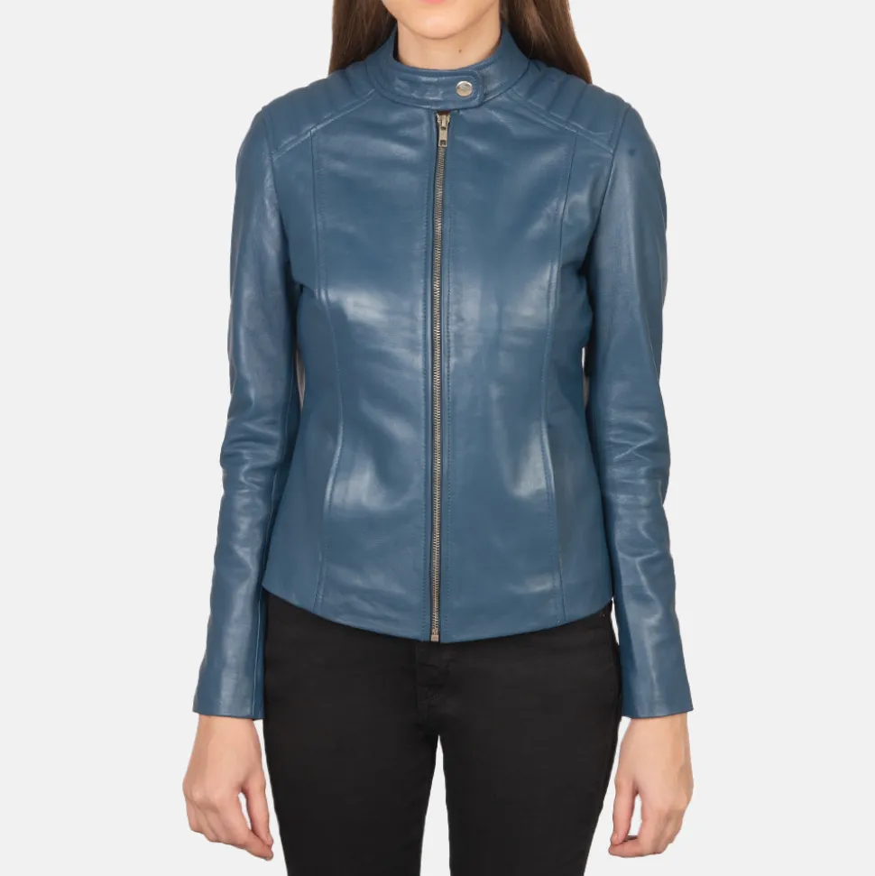 Kelsee Blue Leather Biker Jacket