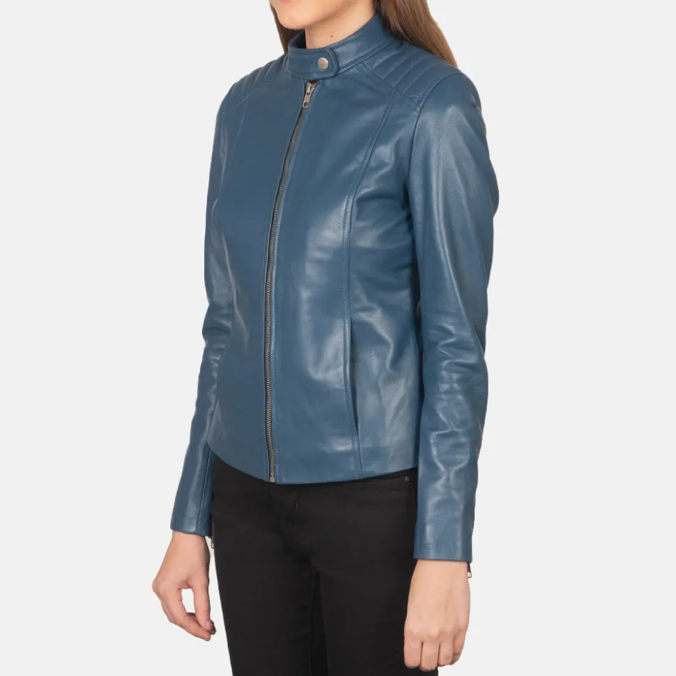 Kelsee Blue Leather Biker Jacket