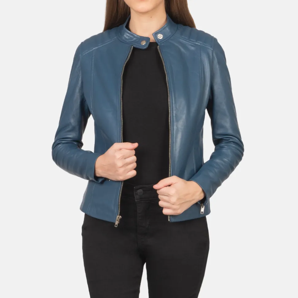 Kelsee Blue Leather Biker Jacket