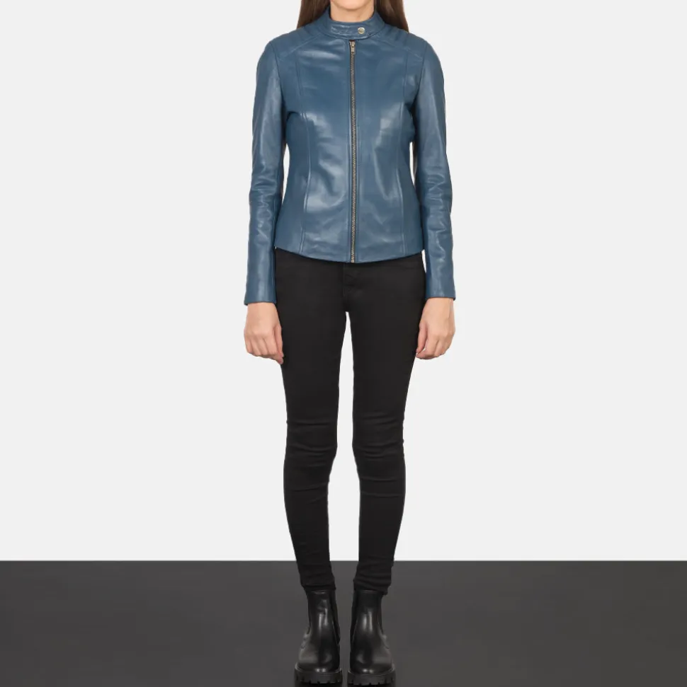 Kelsee Blue Leather Biker Jacket