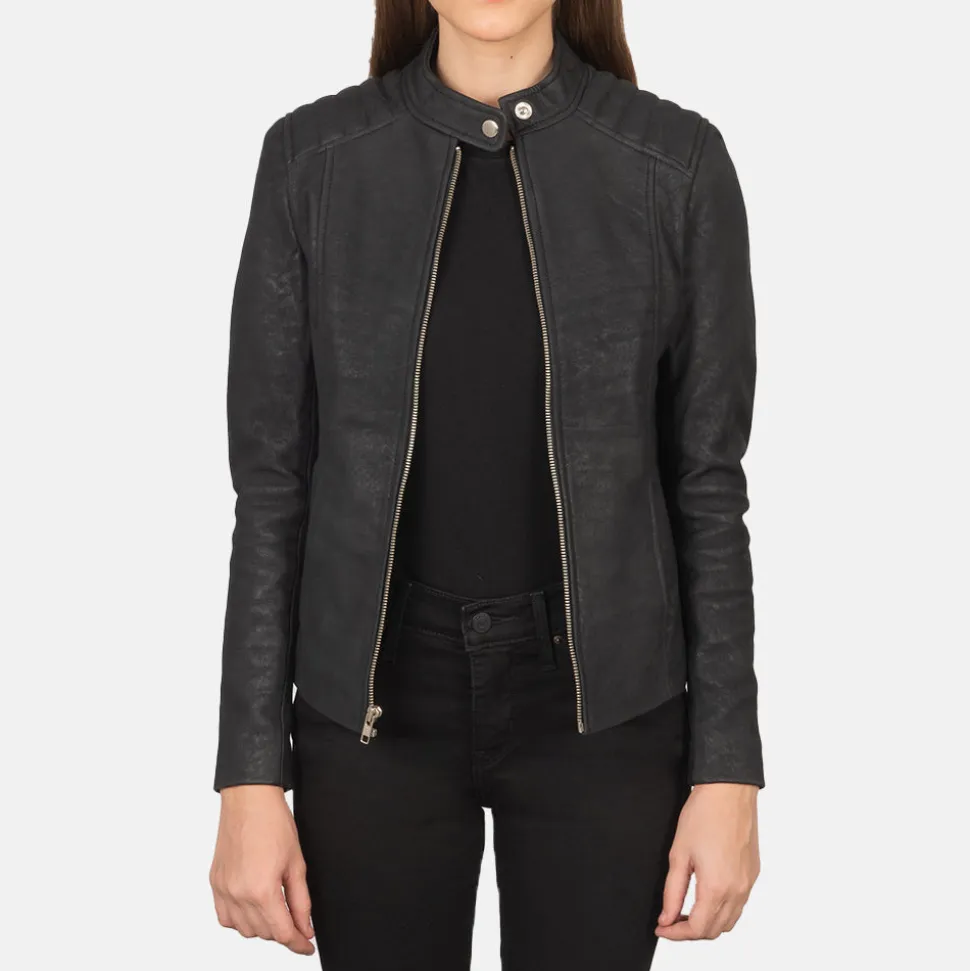 Kelsee Distressed Black Leather Biker Jacket