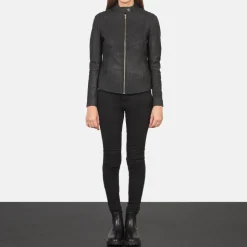 Kelsee Distressed Black Leather Biker Jacket