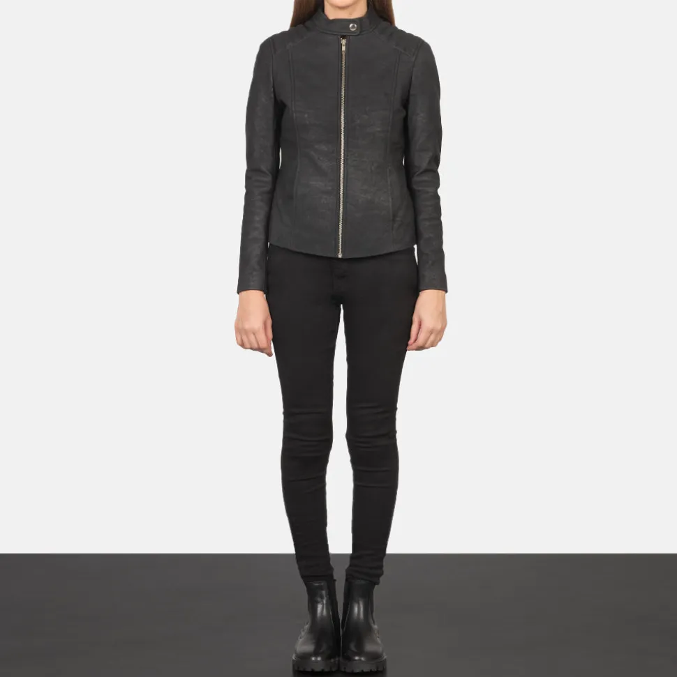 Kelsee Distressed Black Leather Biker Jacket