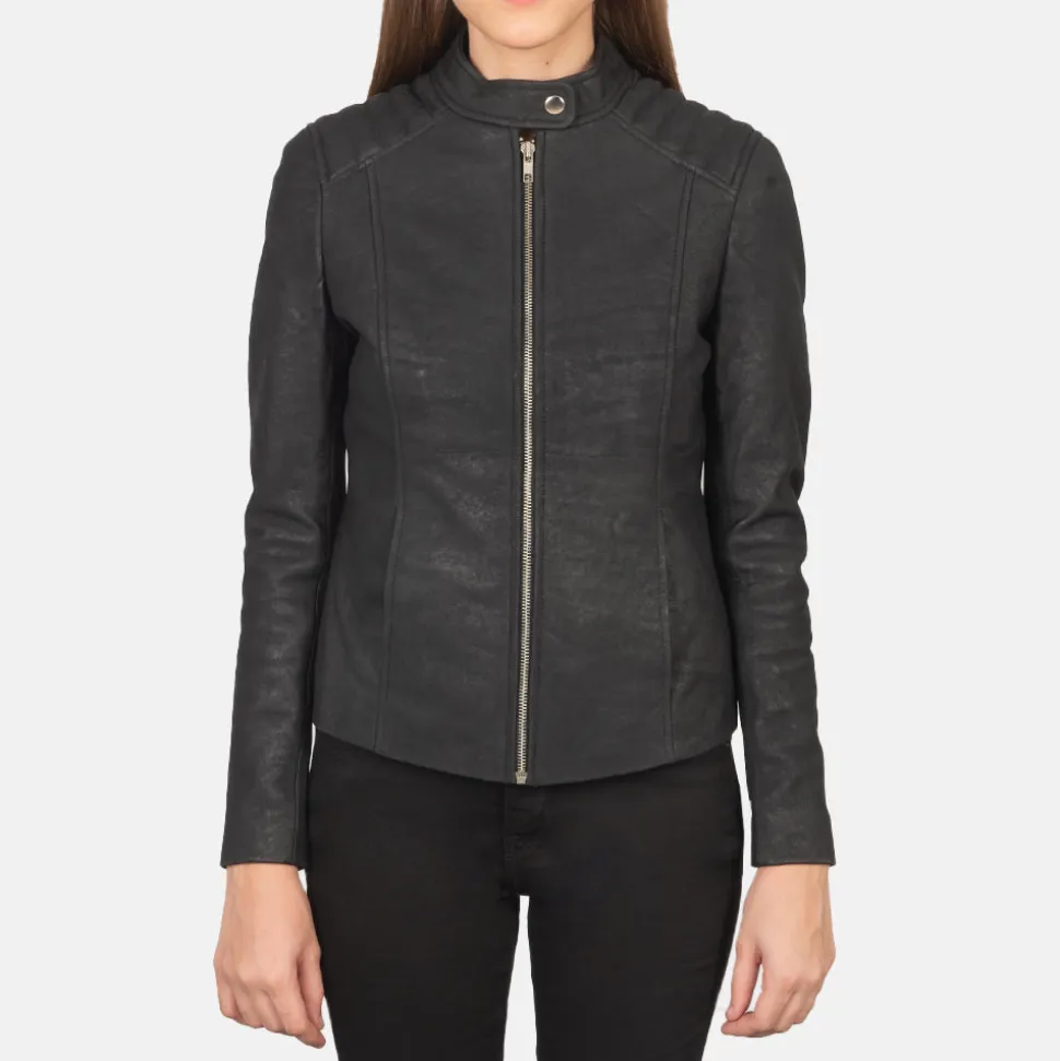 Kelsee Distressed Black Leather Biker Jacket