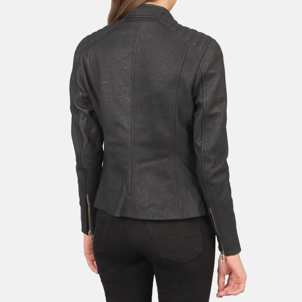 Kelsee Distressed Black Leather Biker Jacket