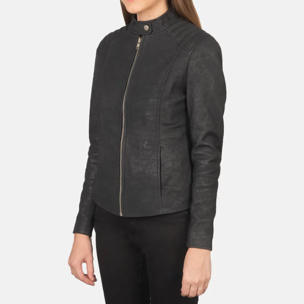 Kelsee Distressed Black Leather Biker Jacket
