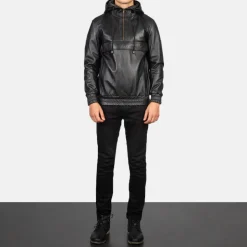 Kenton Hooded Black Leather Pullover Jacket