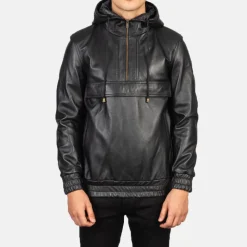 Kenton Hooded Black Leather Pullover Jacket