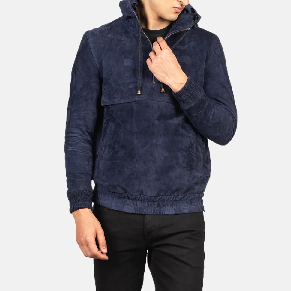 Kenton Hooded Blue Suede Pullover Jacket