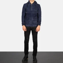 Kenton Hooded Blue Suede Pullover Jacket