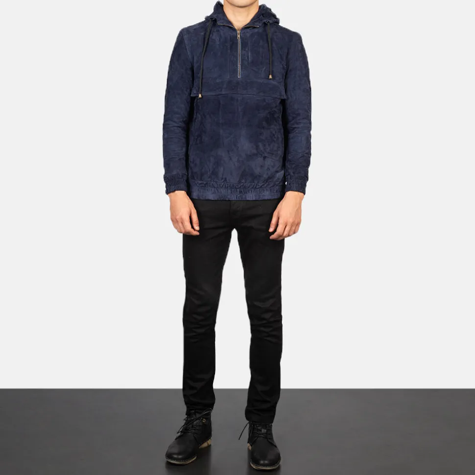 Kenton Hooded Blue Suede Pullover Jacket
