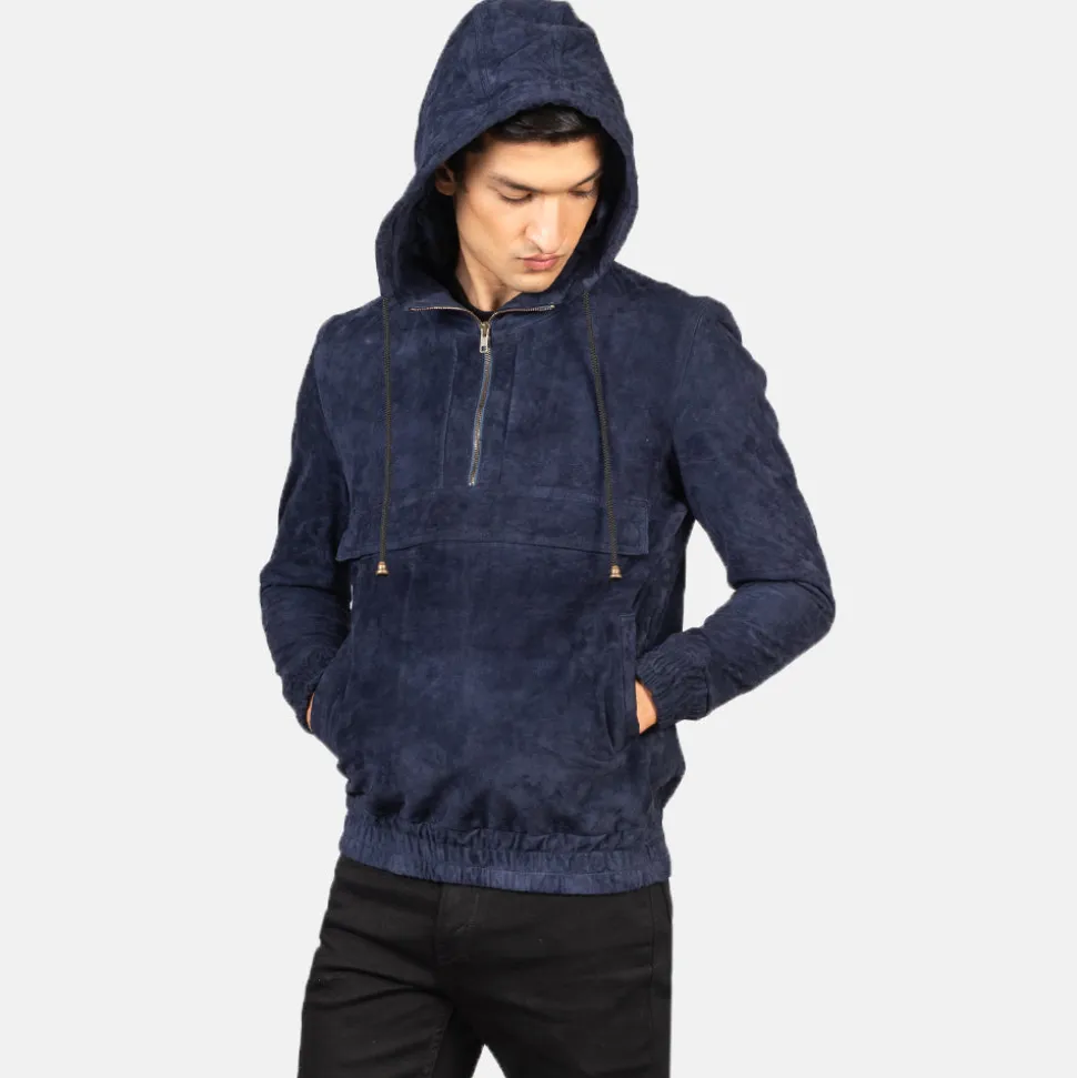 Kenton Hooded Blue Suede Pullover Jacket