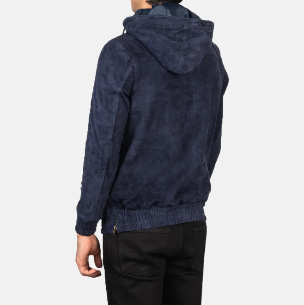 Kenton Hooded Blue Suede Pullover Jacket