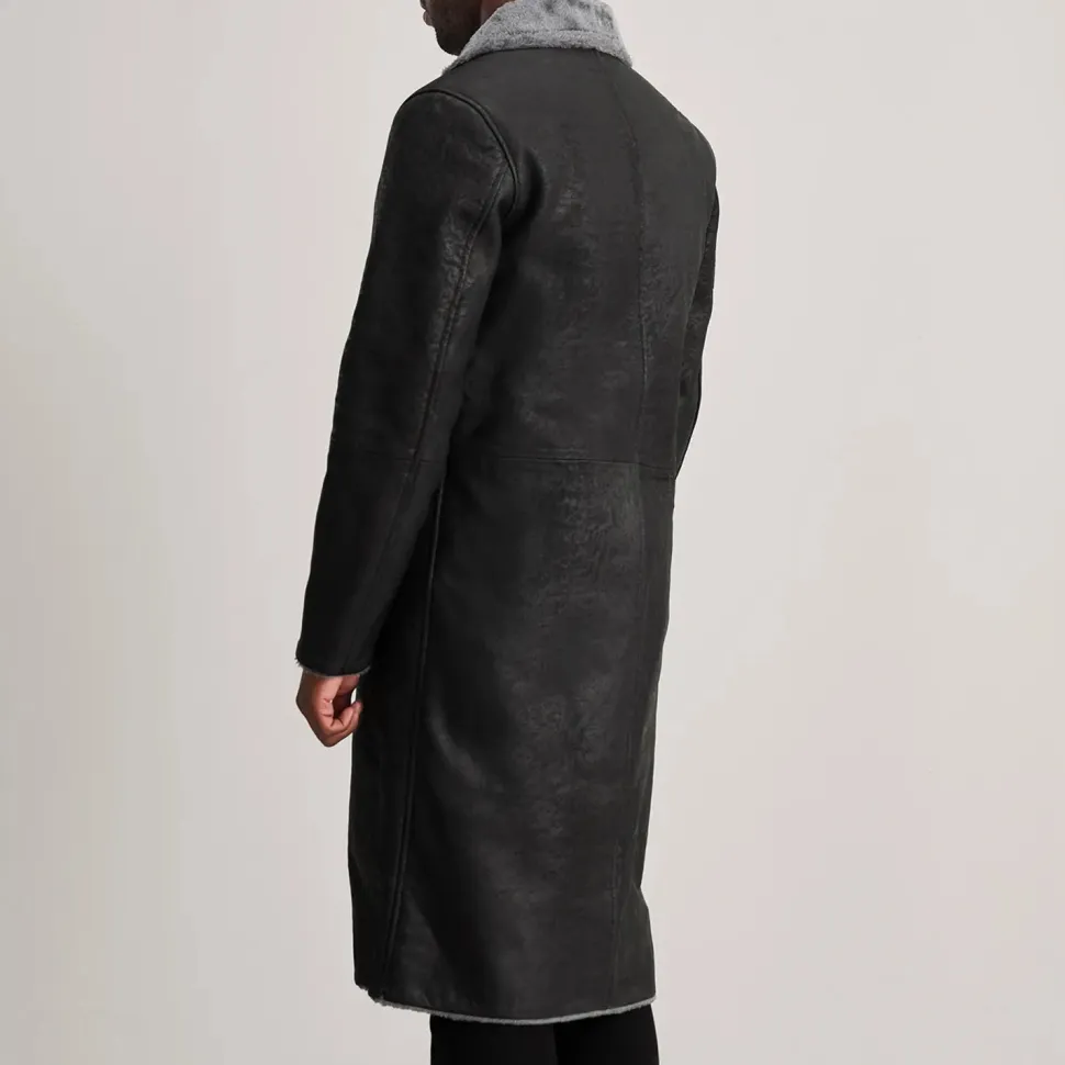 Kolby Distressed Black Leather Shearling Coat