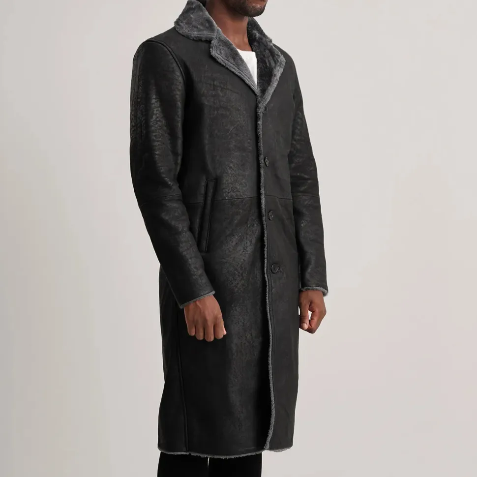 Kolby Distressed Black Leather Shearling Coat