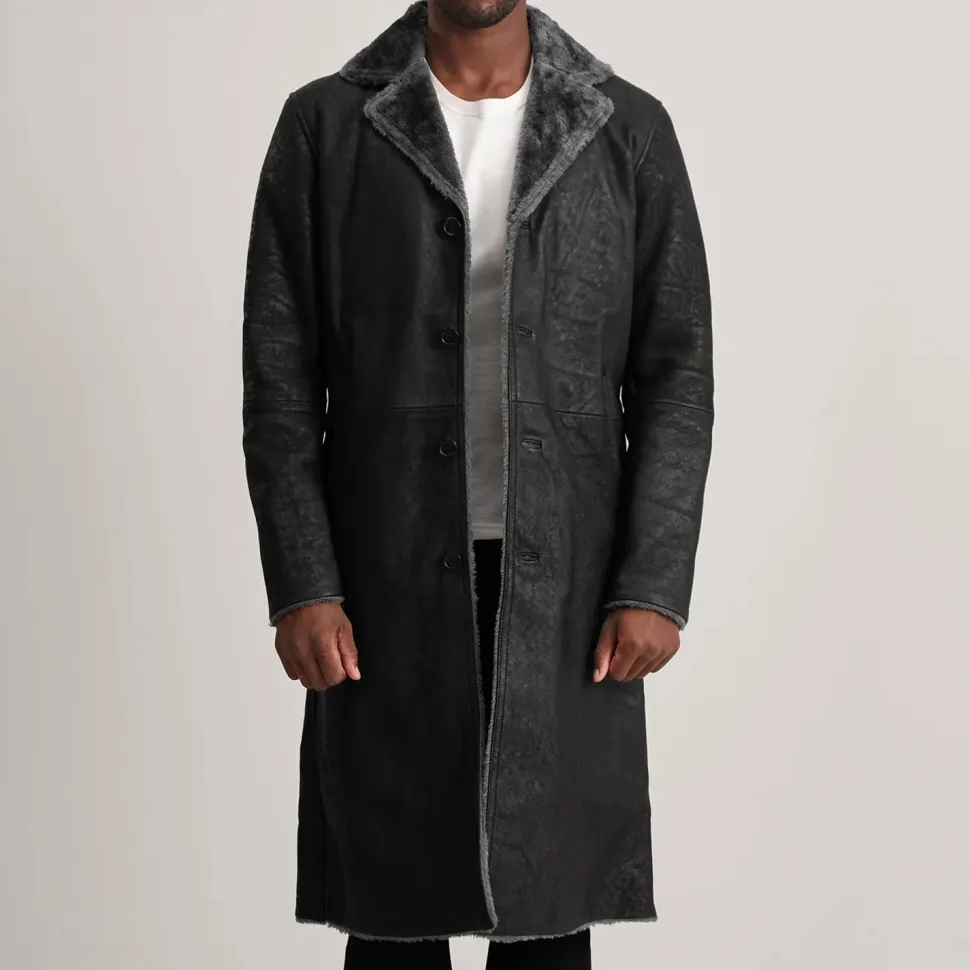 Kolby Distressed Black Leather Shearling Coat