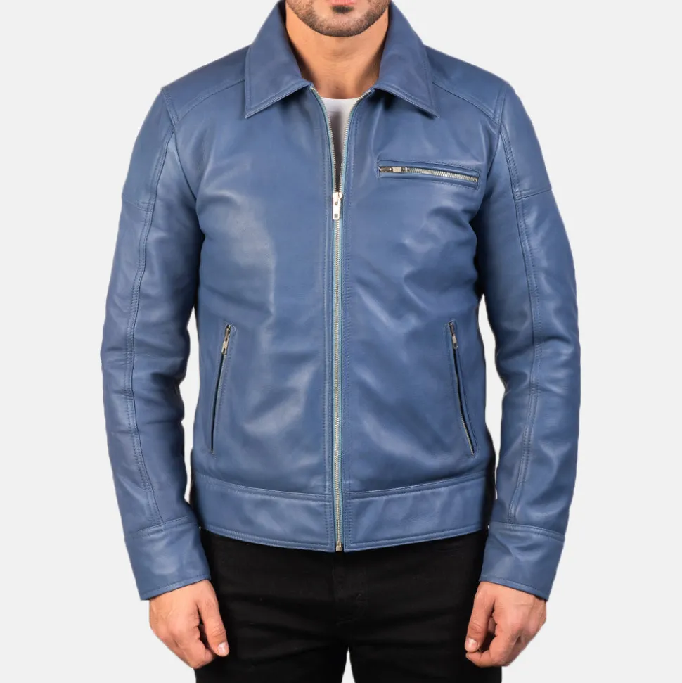 Lavendard Blue Leather Biker Jacket