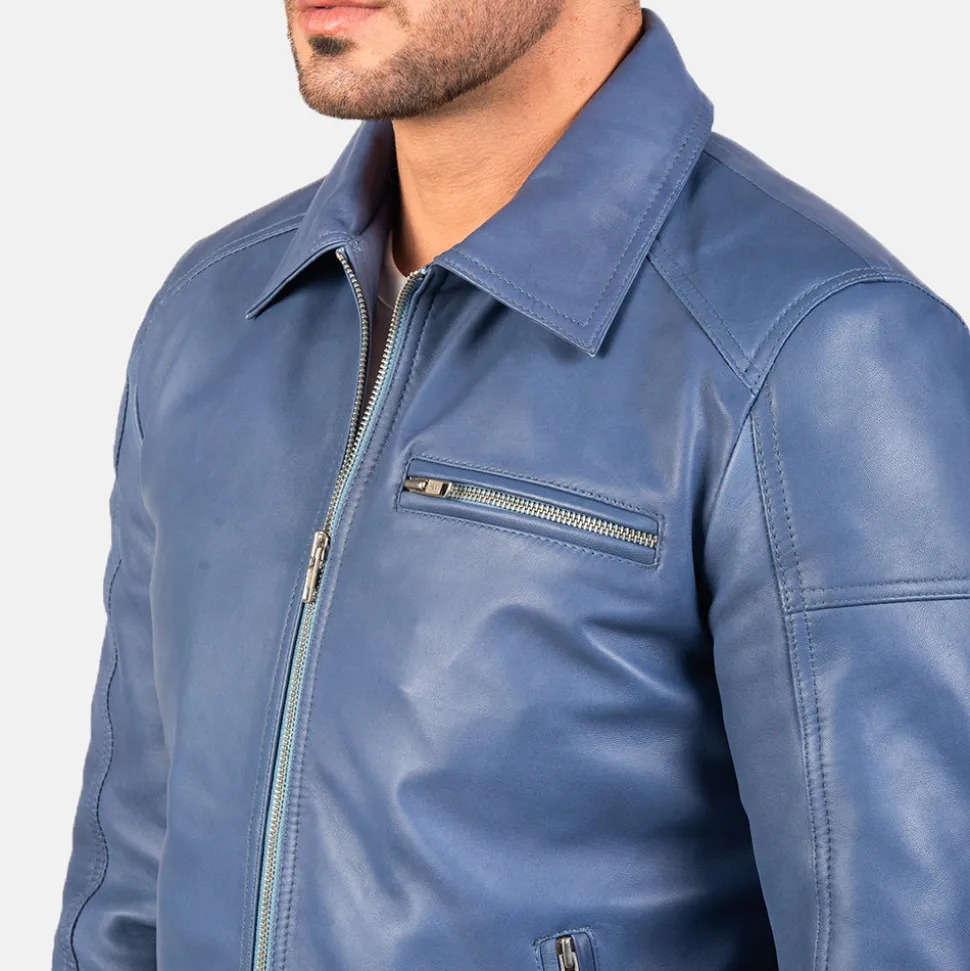 Lavendard Blue Leather Biker Jacket