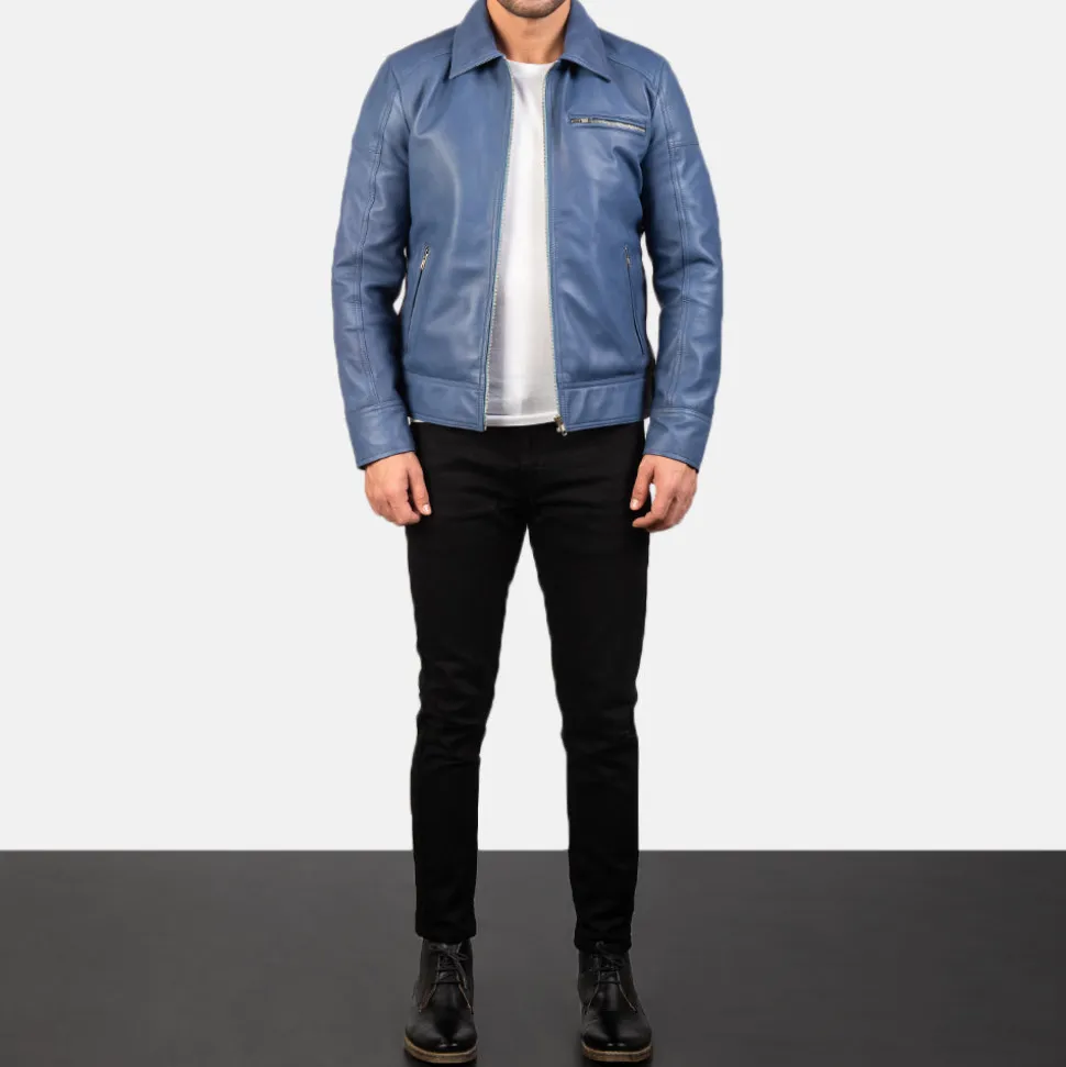 Lavendard Blue Leather Biker Jacket