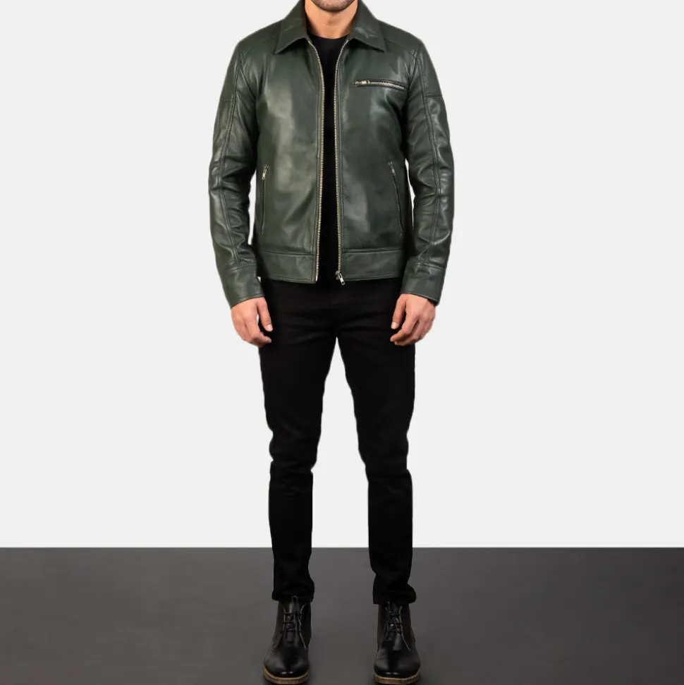 Lavendard Green Leather Biker Jacket
