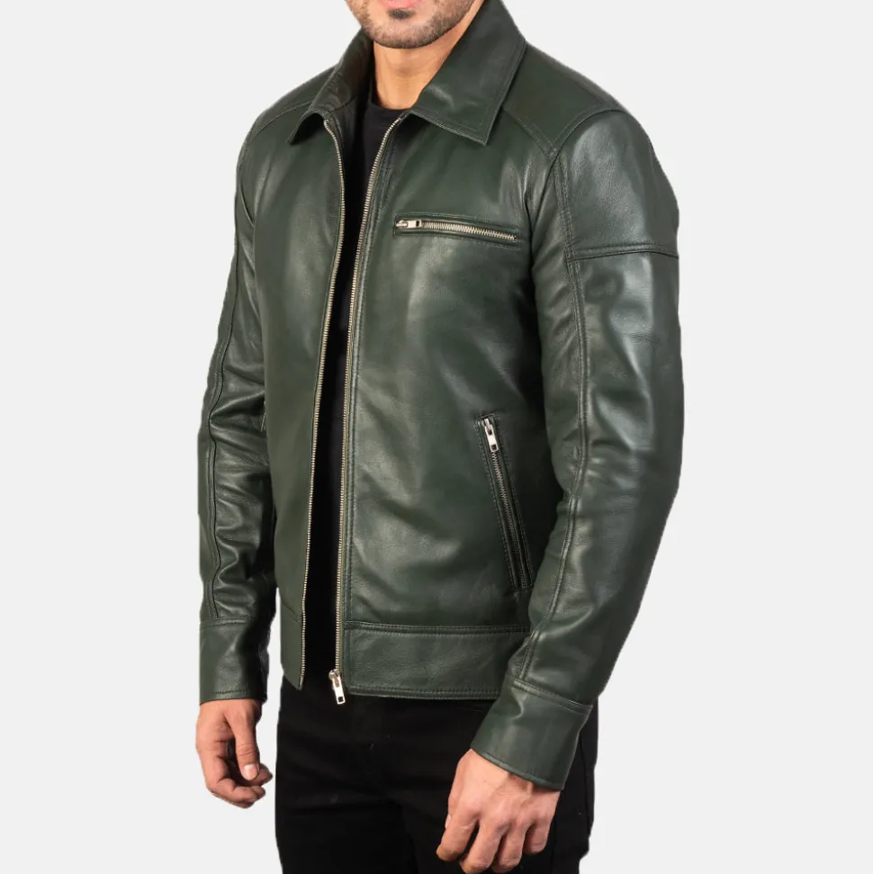 Lavendard Green Leather Biker Jacket