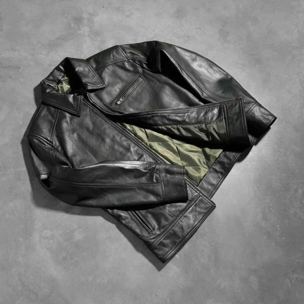 Lavendard Green Leather Biker Jacket