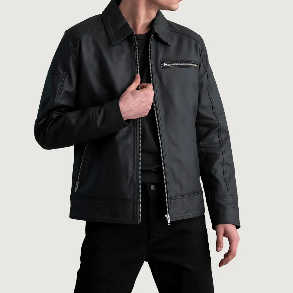 Lavendard Matte Black Leather Biker Jacket