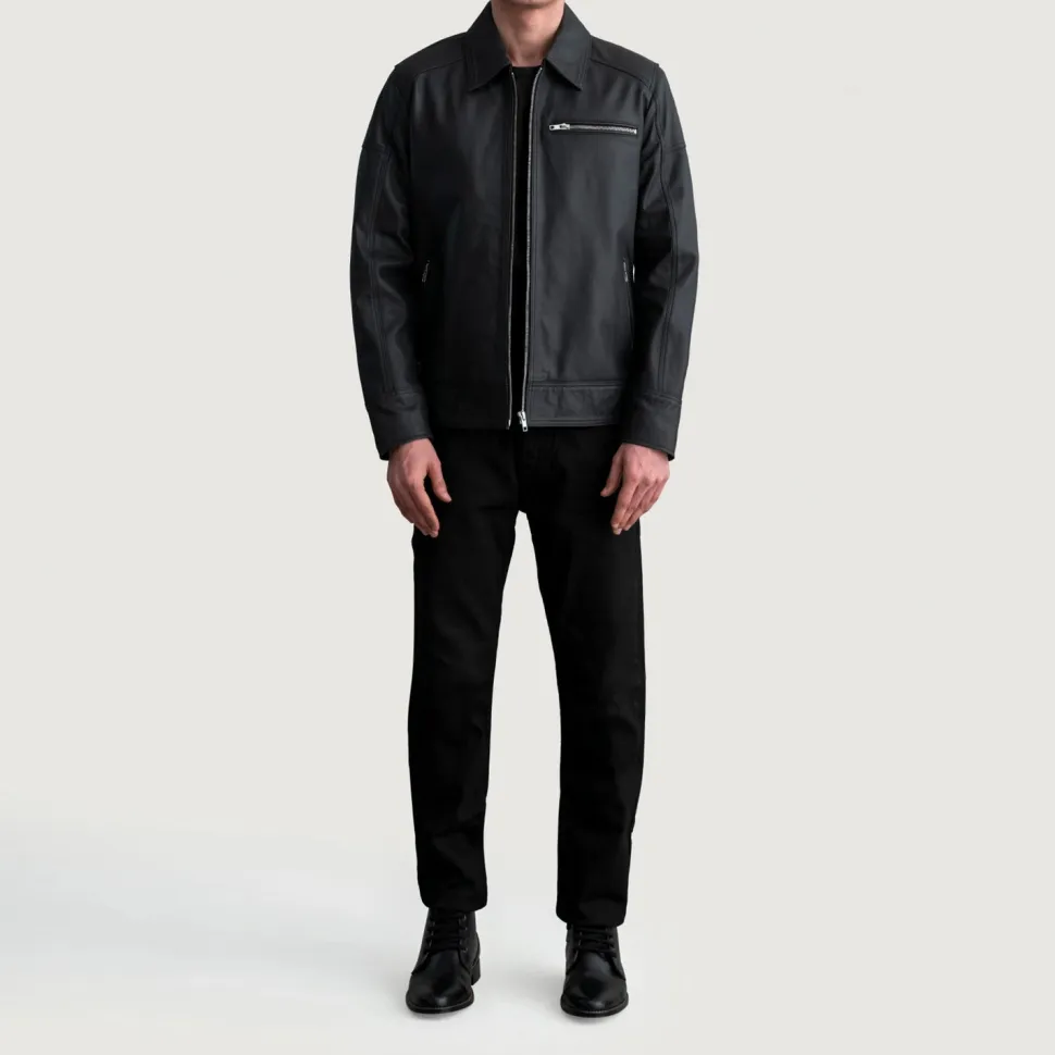 Lavendard Matte Black Leather Biker Jacket