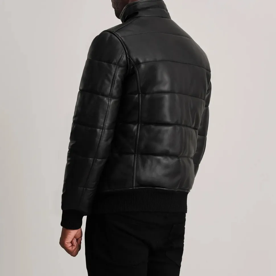Lucas Black Leather Puffer Bomber Jacket