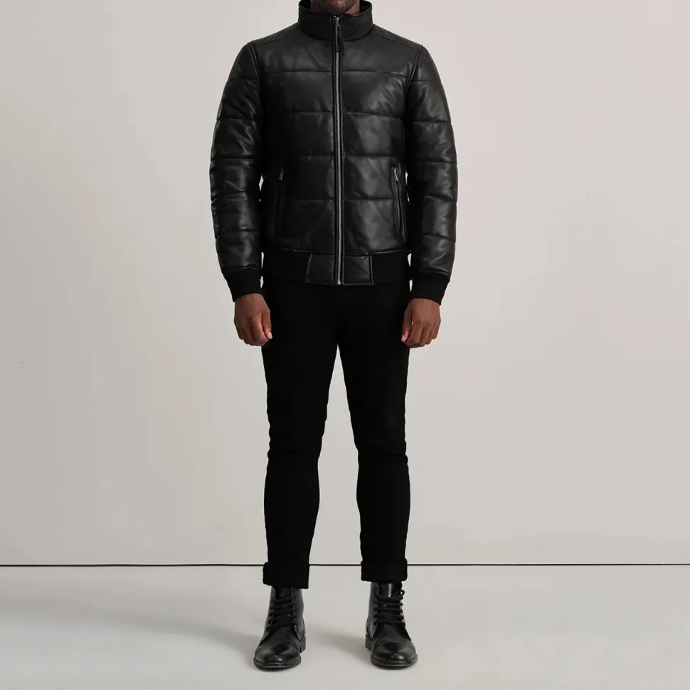 Lucas Black Leather Puffer Bomber Jacket