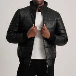Lucas Black Leather Puffer Bomber Jacket