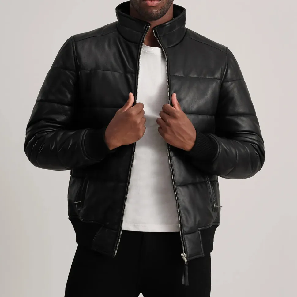 Lucas Black Leather Puffer Bomber Jacket