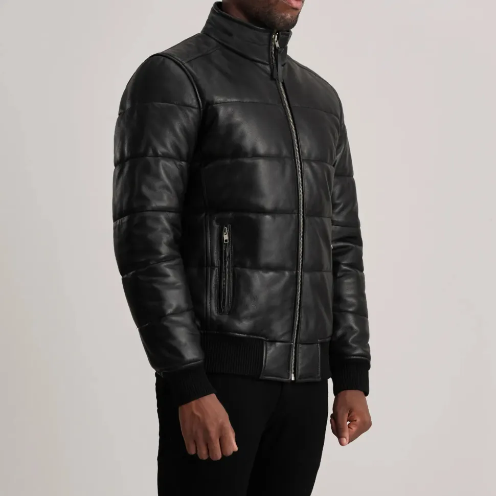 Lucas Black Leather Puffer Bomber Jacket