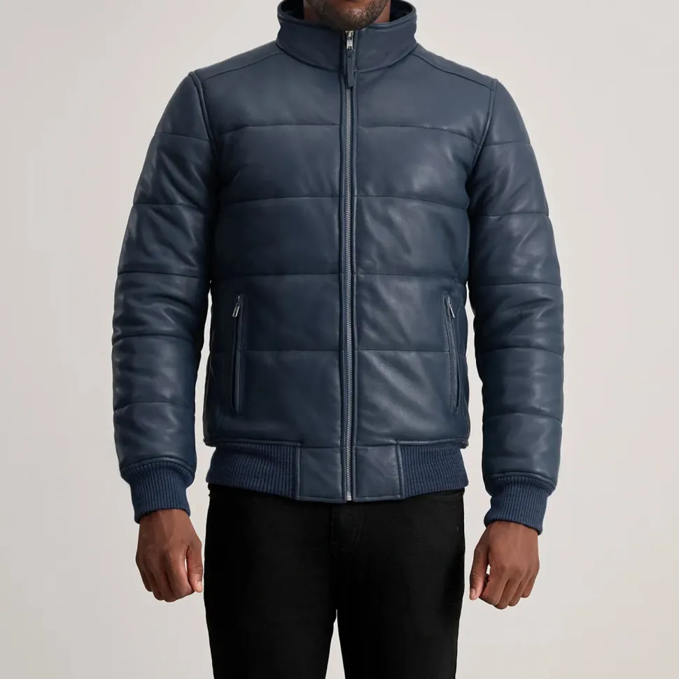 Lucas Blue Leather Puffer Bomber Jacket