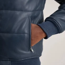 Lucas Blue Leather Puffer Bomber Jacket