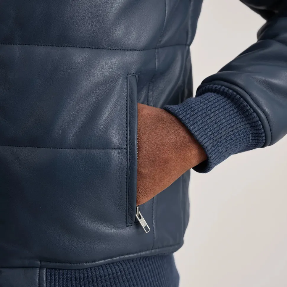 Lucas Blue Leather Puffer Bomber Jacket