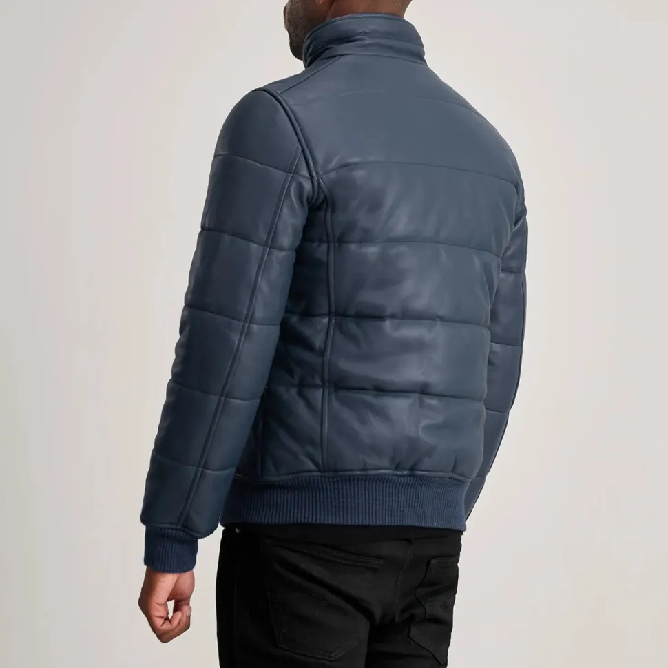 Lucas Blue Leather Puffer Bomber Jacket