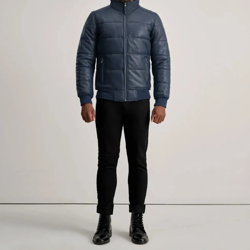 Lucas Blue Leather Puffer Bomber Jacket