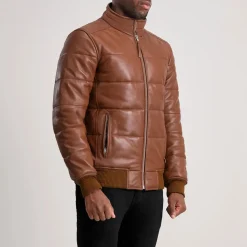 Lucas Brown Leather Puffer Bomber Jacket