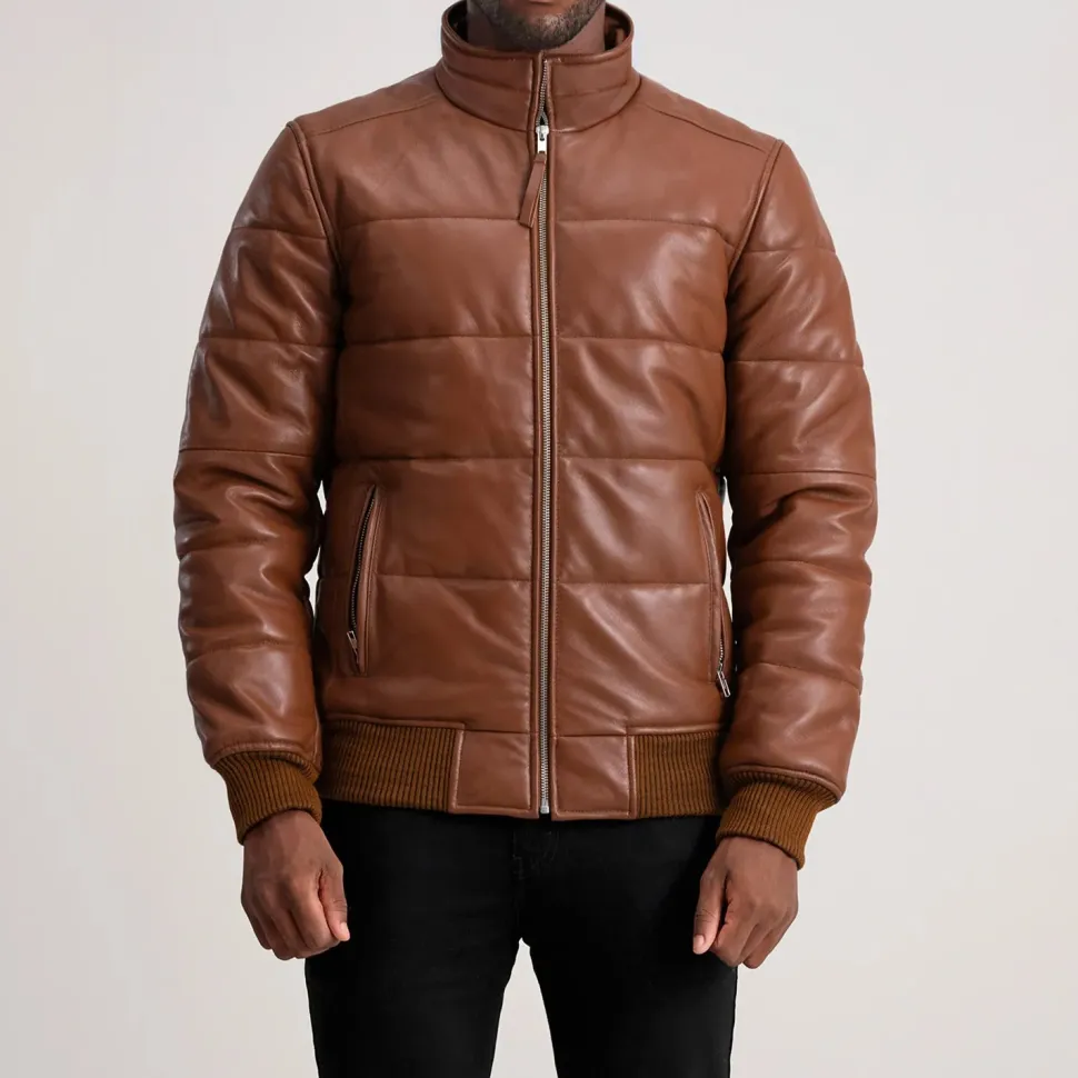 Lucas Brown Leather Puffer Bomber Jacket