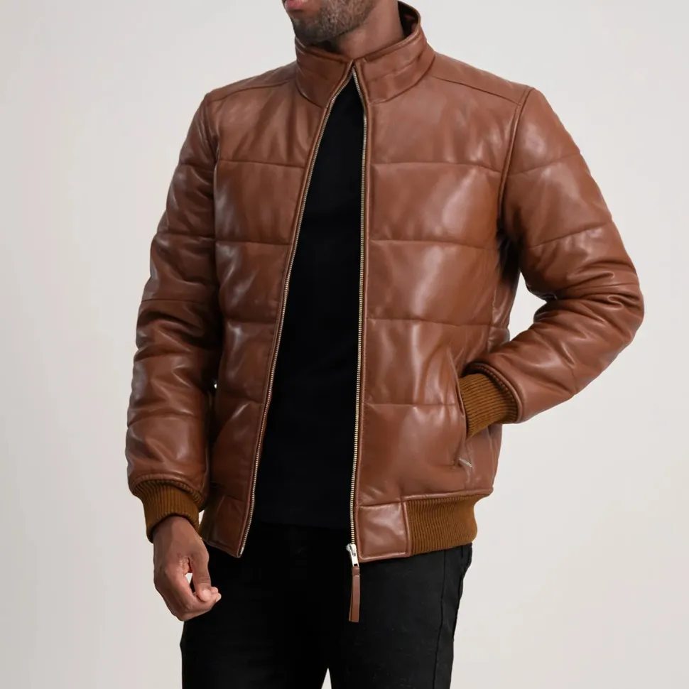 Lucas Brown Leather Puffer Bomber Jacket