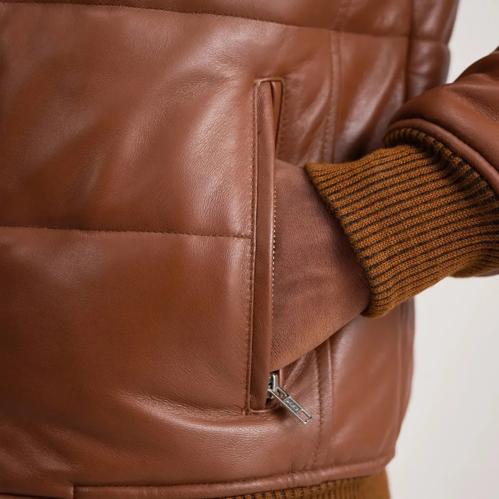 Lucas Brown Leather Puffer Bomber Jacket