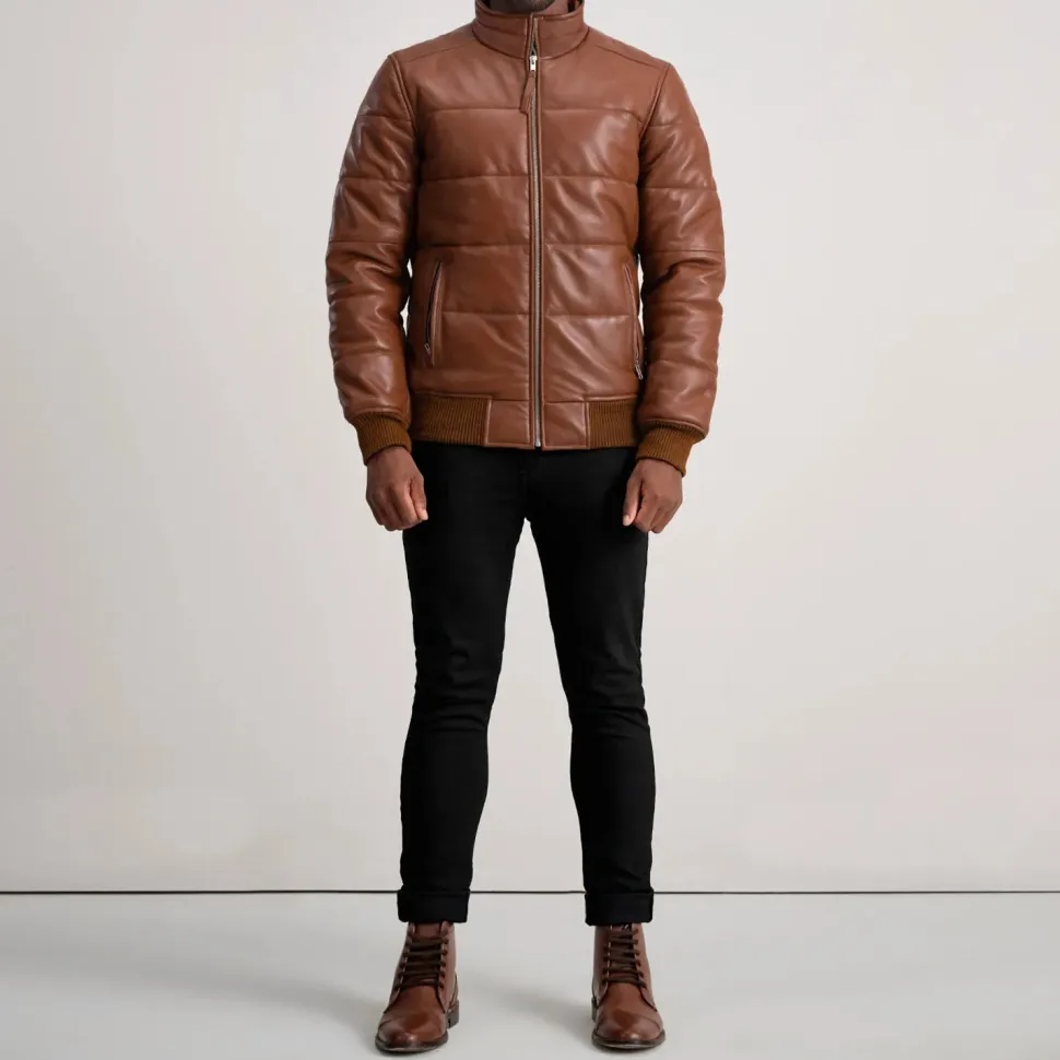 Lucas Brown Leather Puffer Bomber Jacket