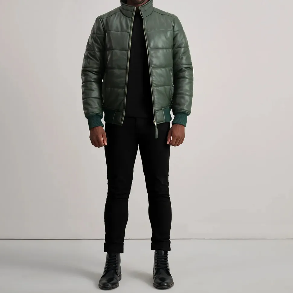 Lucas Green Leather Puffer Bomber Jacket