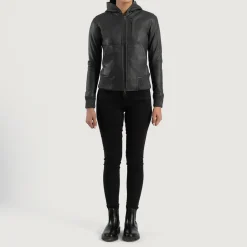 Luna Black Hooded Leather Bomber Jacket