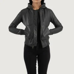 Luna Black Hooded Leather Bomber Jacket