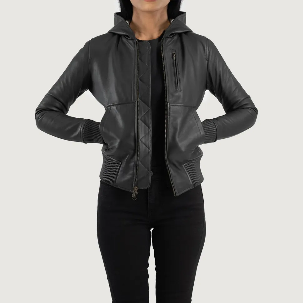 Luna Black Hooded Leather Bomber Jacket