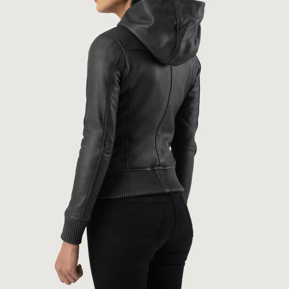Luna Black Hooded Leather Bomber Jacket