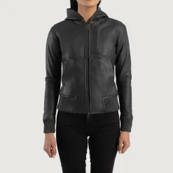 Luna Black Hooded Leather Bomber Jacket